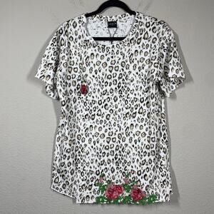Cool TM XS Leopard Lace T-Shirt White Cotton Flower Applique Short Sleeves